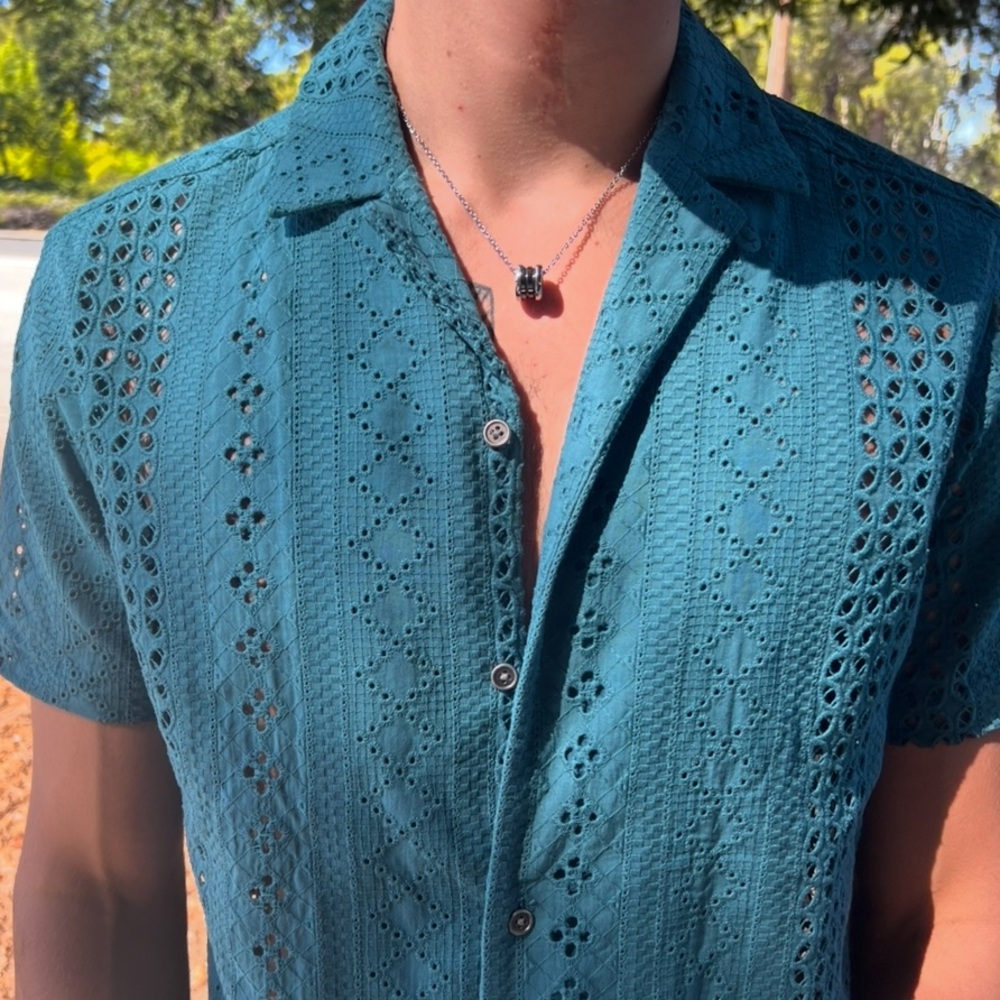 INC INTERNATIONAL CONCEPTS Teal Eyelet Men Shirt SEE THROUGH PEEKABOO LINEN HOLE